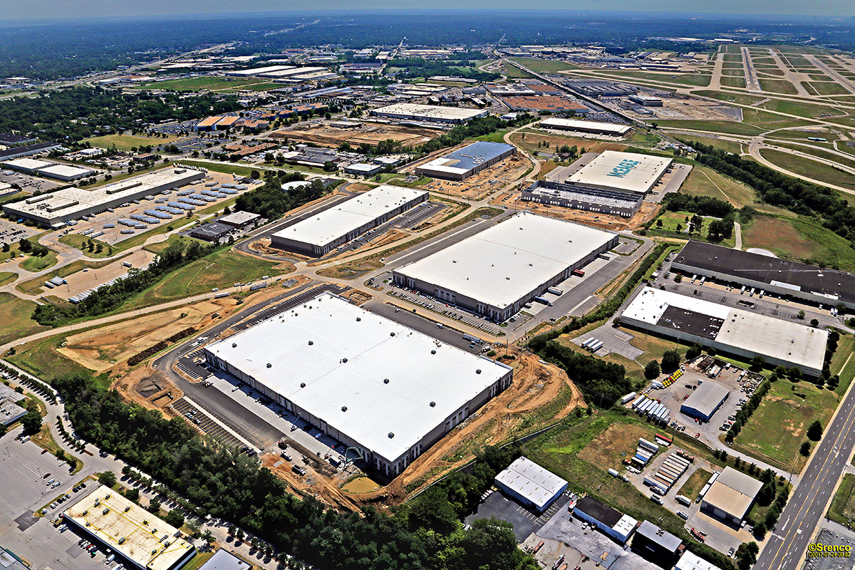 Look ENE at Hazelwood Logistics Center on Hazelwood Logistics Center Dr Hazelwood MO 63042 with Lambert International Airport KSTL in the background