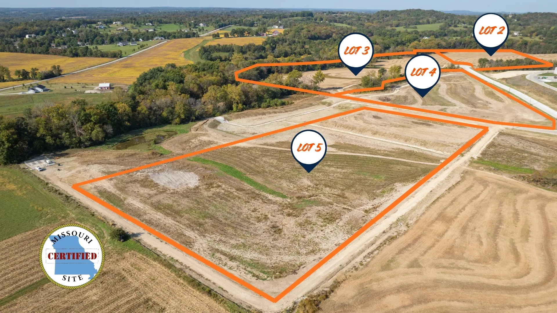 Aerial photo of available Washington, MO Real Estate Sites. Lots 2, 3, 4, and 5 are outlined in orange and labeled to show their size and position
