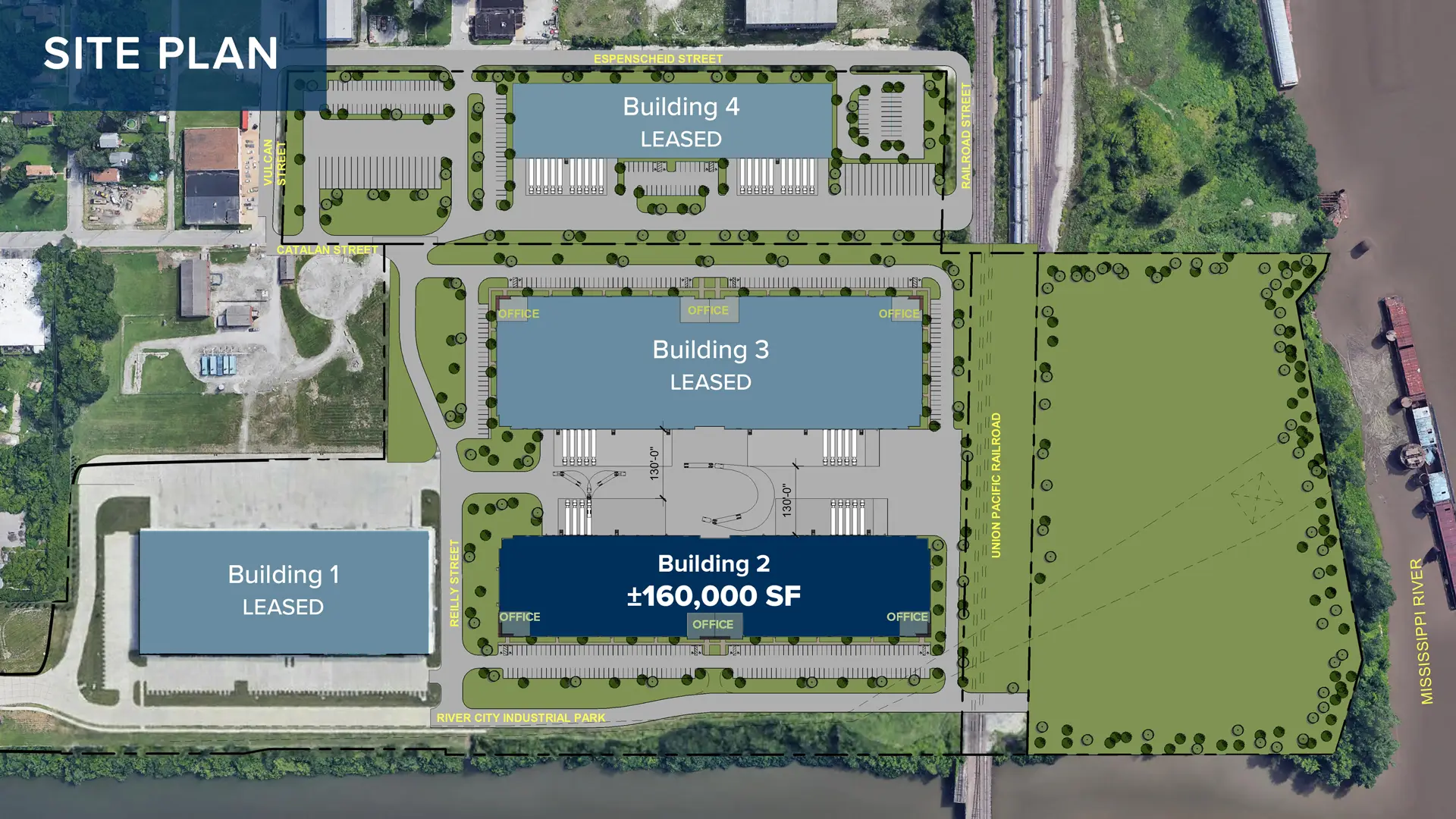 Aerial view map of River City Business Park with Building 2 160,000 square feet highlighted