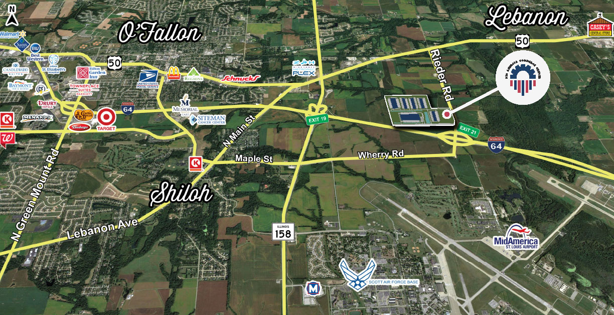 Aerial Map illustrating the amenities close to the Mid America Commerce Center location.