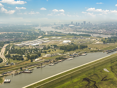 Pictured is America’s Central Port with the city of St. Louis in the background. (Photo courtesy of America’s Central Port)