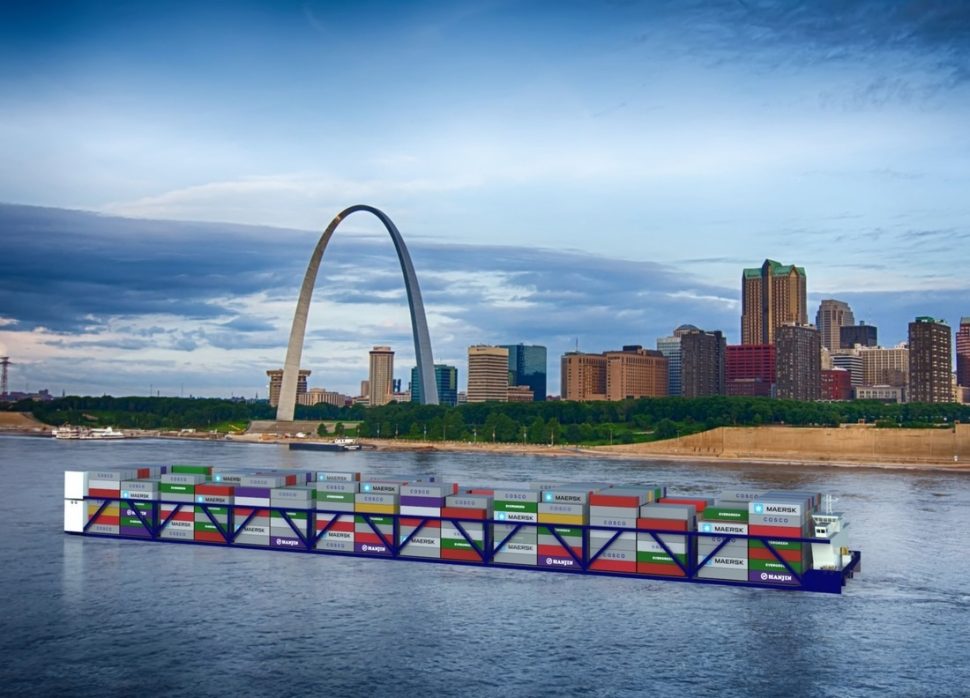 Artists rendering of a modern container vessel on the Mississippi River in front of the Gateway Arch in St. Louis.