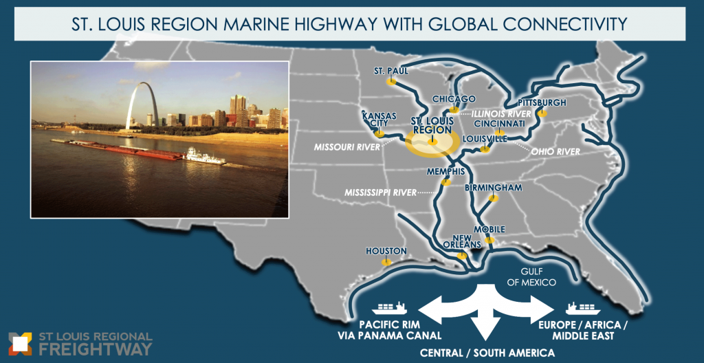 A map of the United States’ marine highway system connected to the St. Louis region and a picture of a barge traveling on the Mississippi River adjacent to downtown St. Louis. The system shows 4 major rivers in the northeast and mid-west United States. The Illinois River provides connection to Chicago. The Ohio River provides connections to Pittsburgh, Cincinnati, and Louisville. The Missouri River provides connection to Kansas City. The Mississippi River provides connections to St. Paul, Memphis, and New Orleans. Additional river routes provide connections to Birmingham and Mobile. The Great Lakes are accessible to the St. Louis region by the Illinois River and connect to the east coast via the Erie Canal and Hudson River. The St. Louis region’s connection to New Orleans and Mobile provides access to other ports in the Gulf, such as Houston, and global shipping access to the Pacific Rim via the Panama Canal, Central and South America, Europe, Africa, and the Middle East.