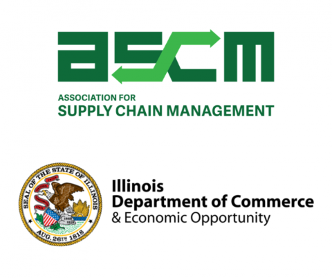 Association for Supply Chain Management green logo in the top center, and the Illinois Department of Commerce and Economic Opportunity logo on the bottom, both on a white background