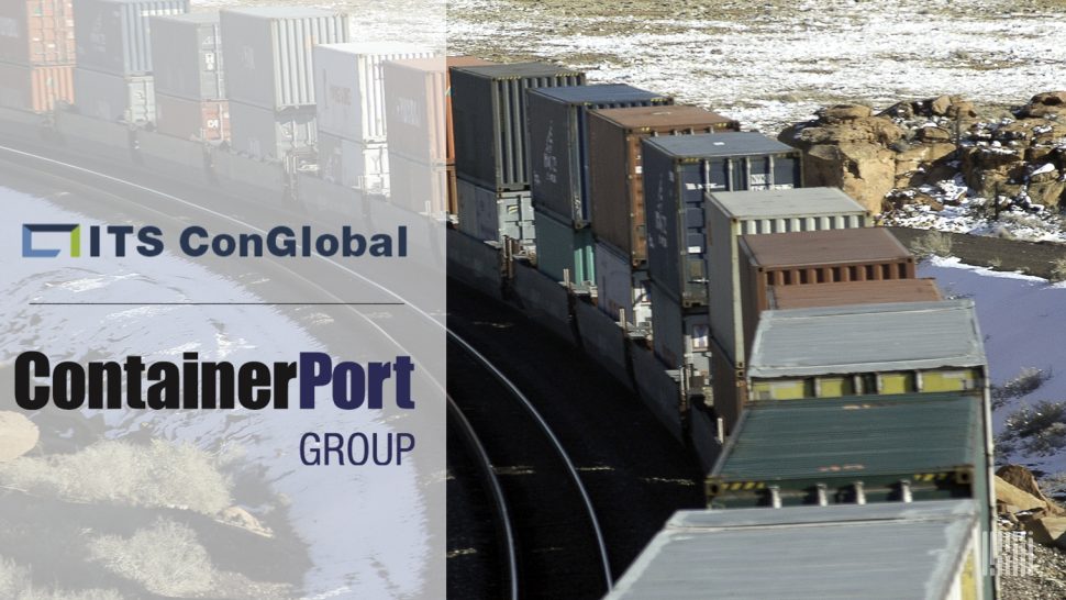 Photo of a freight train with company logos: ContainerPort Group sells some assets to ITS ConGlobal. (Photo: Jim Allen/FreightWaves)