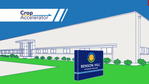 An artist's rendering of the new 47,000-square-foot Crop Accelerator in Creve Coeur with Benson Hill's logo on a sign in front.