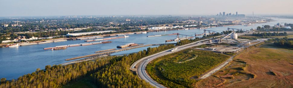 Overhead view of the river and barges