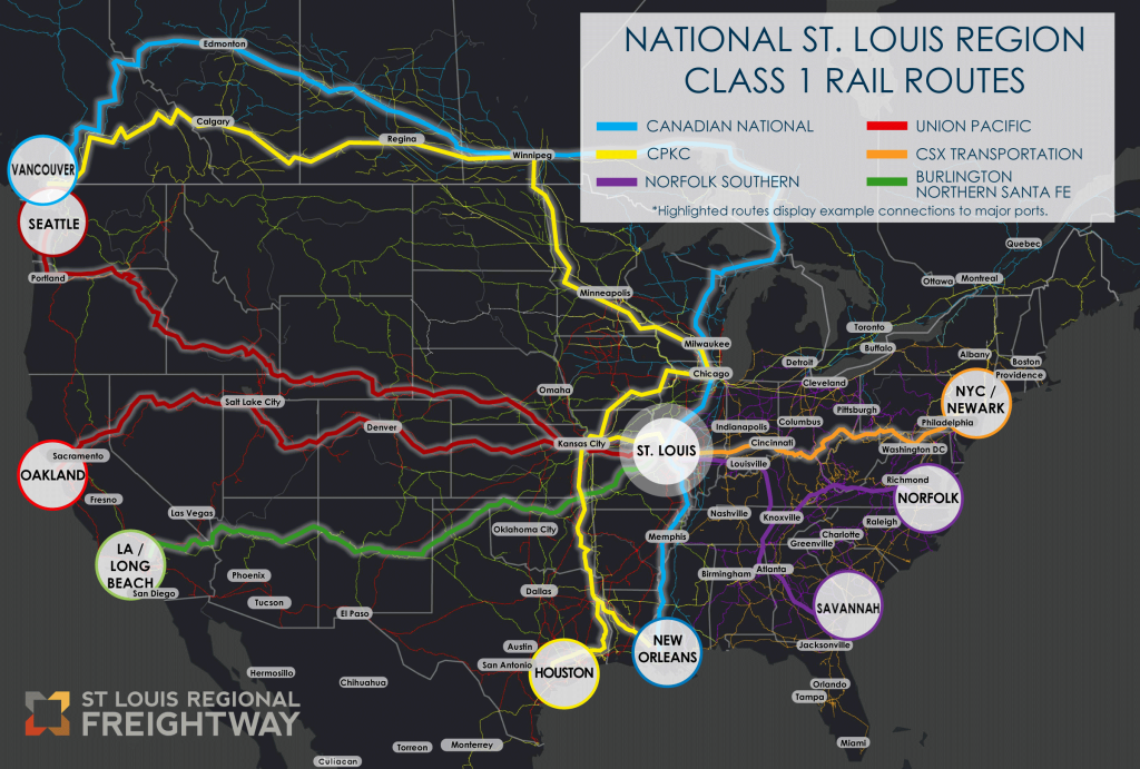 A map of the United States of America, southern Canada, and northern Mexico, displaying the railroad line network of the six Class 1 railroads connected to the St. Louis Region. The six Class 1 railroads are Canada National, Kansas City Southern, Norfolk Southern, Union Pacific, CSX Transportation, and Burlington Northern Santa Fe. Highlighted routes display example connections from the St. Louis region to ten major ports and logistic centers: New York City, Newark, Norfolk, Savannah, New Orleans, Los Angeles, Long Beach, Oakland, Seattle, and Vancouver.