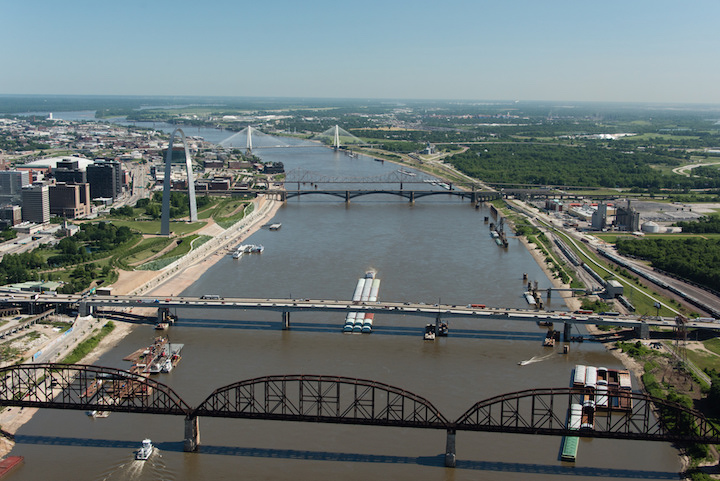 Barges on the Mississippi River at Downtown St. Louis.