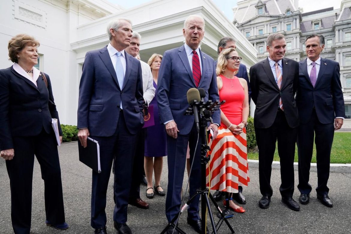 President Joe Biden with a bi-partisan group of Senators.