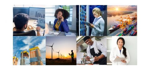 Collage with stock photos of people working