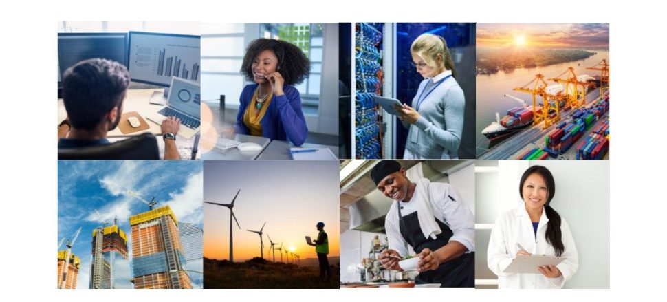 Collage with stock photos of people working