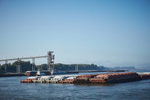 Barges and a barge terminal on the Mississippi River.