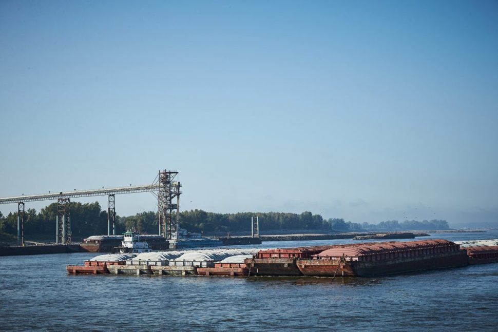 Barges and a barge terminal on the Mississippi River.