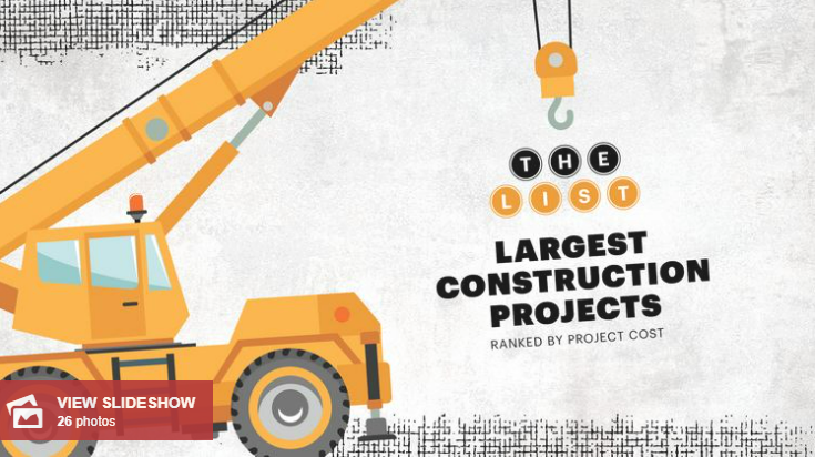 Graphic of a yellow crane with text that reads, "The List: Largest Construction Projects Ranked by Project Cost".