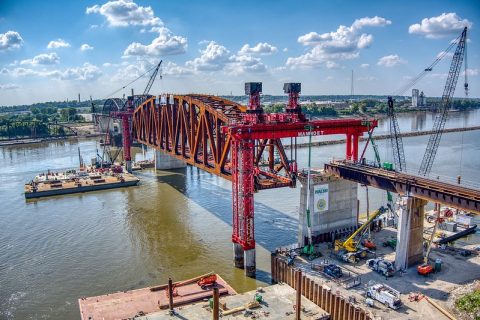 The first new truss of the Merchants Bridge being placed.
