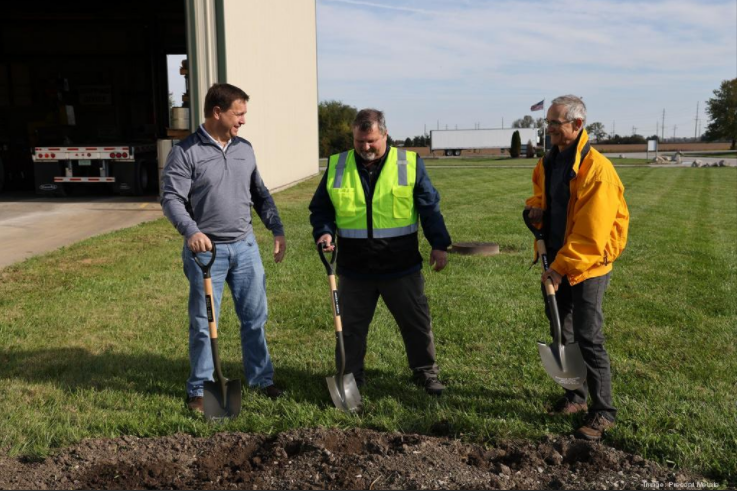 From left, Precoat Metals President Kurt Russell, Midwest Metal Coatings Quality Control Manager Mike Dake and Precoat Senior Project Manager Mark Voetter break ground on construction for the company's 53,000-square-foot expansion at one of its Granite City sites, Midwest Metal Coatings.