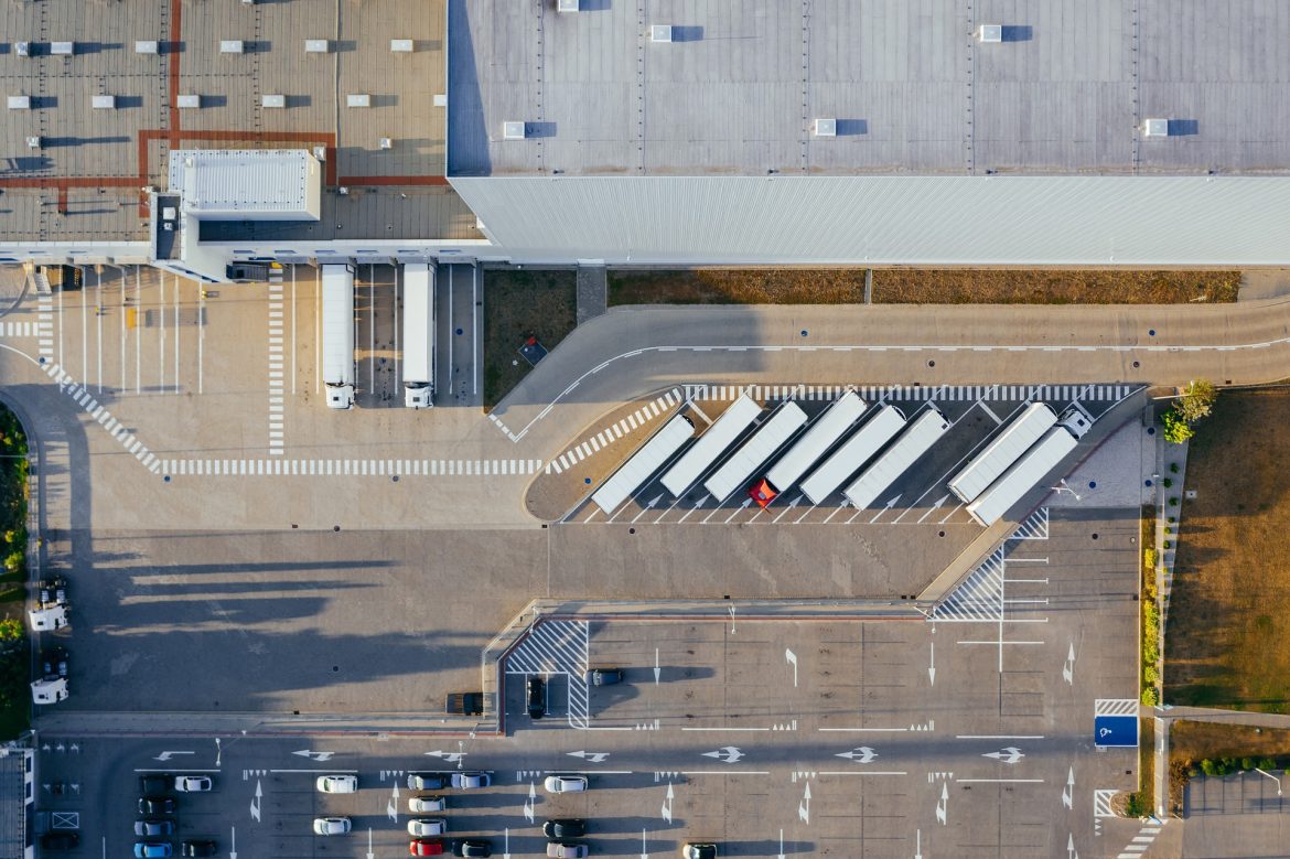An aerial photo of a warehouse's loading docks.