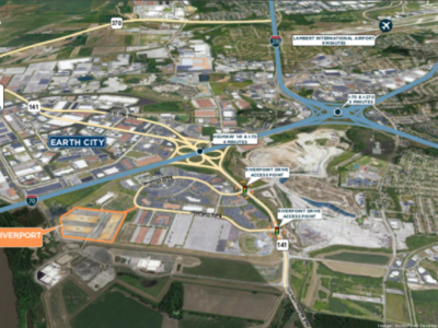 This rendering shows the location of Riverport Trade Center, in the bottom left, compared to the airport, interstates and other key tenants in the Earth City submarket.