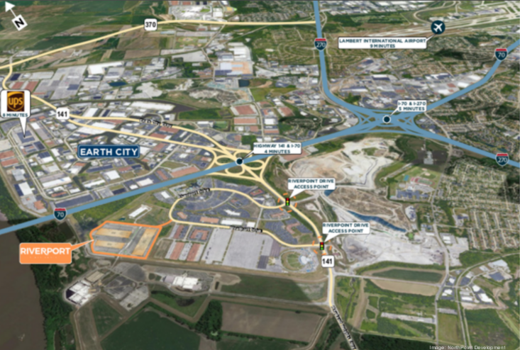 This rendering shows the location of Riverport Trade Center, in the bottom left, compared to the airport, interstates and other key tenants in the Earth City submarket.