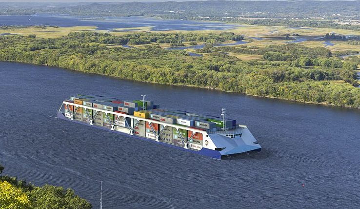 A rendering of a container-on-vessel on the Mississippi.