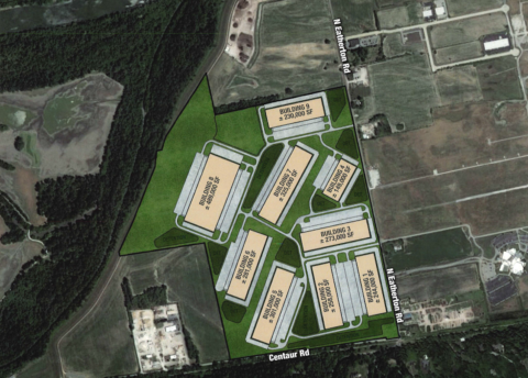 This rendering shows the location of the nine warehouses NorthPoint Logistics proposes on the far western end of the Chesterfield Valley in Wildwood.