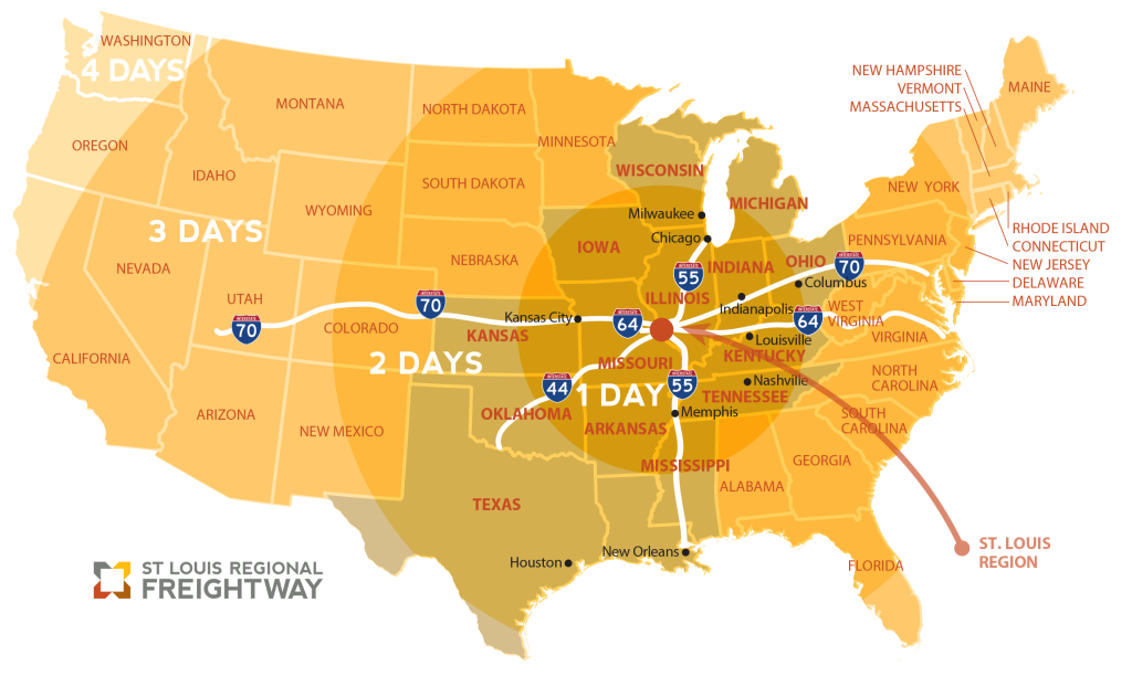 A map of the United States of America with a dot on the St. Louis region. Differently shaded and sized circles are added around the dot to detail the how many days in drive time it takes to get to places within each circle. The days grow from one to four the further away one travels.