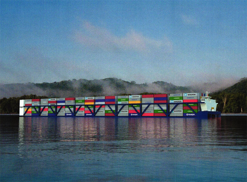 A rendering of an inland container vessel which American Patriot Holdings LLC is developing for use on the Mississippi River.