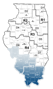 Map of the IDOT regions, with the southern Region 5 highlighted in blue