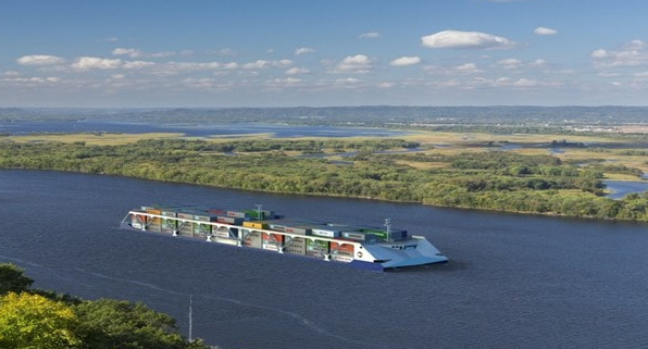 Rendering of a shipping container barge on Mississippi River
