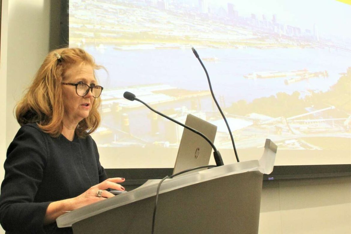 Mary Lamie, of Bi-State Development Agency, gives an overview of the importance of the logistics industry to the St. Louis region and some ongoing infrastructure projects at a workshop sponsored by Madison County Employment and Training and the St. Clair County Intergovernmental Grants Department.