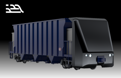 Illustration of an autonomous railcar with the Intramotev logo on the top left
