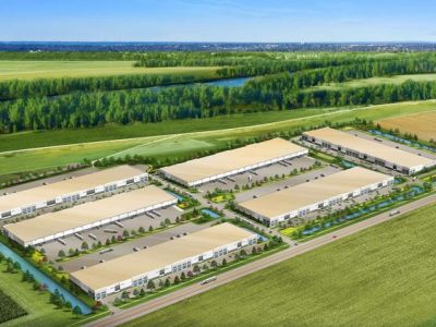 The first two buildings of six planned for a new Maryland Heights industrial park, seen above in a rendering, are fully leased before construction is completed.