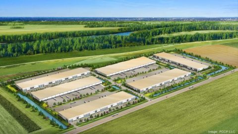 The first two buildings of six planned for a new Maryland Heights industrial park, seen above in a rendering, are fully leased before construction is completed.