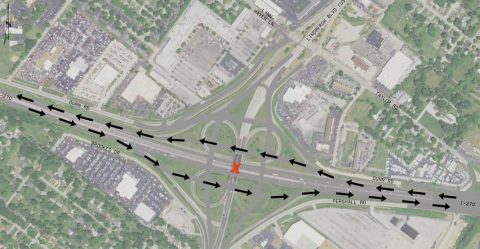 Overhead map showing the detour on I-270 for both Eastbound and Westbound divers near Lindbergh Blvd.