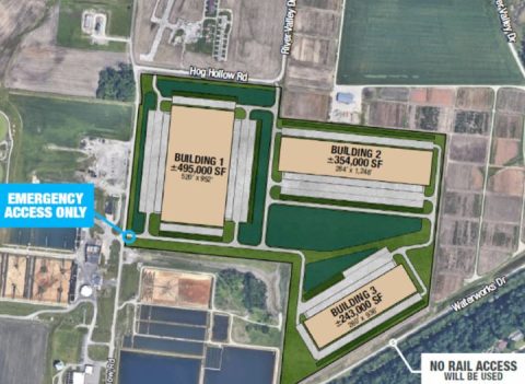 This aerial map shows the location of a warehouse development approved in St. Louis County.