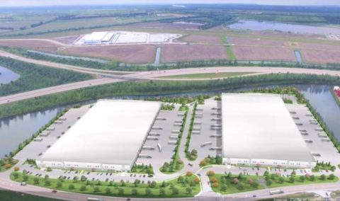 A rendering of two speculative warehouses at an industrial park in St. Charles County. One was recently completed, with the other under construction.