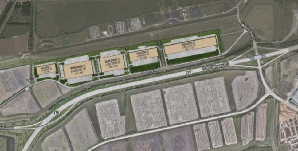 This site plan shows the future five buildings of a new industrial park in St. Charles County, built on previously vacant land.