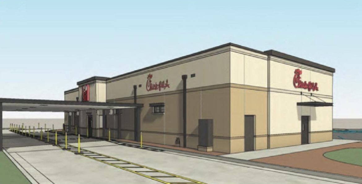 A rendering of a new Chick-fil-A restaurant planned at the Costco-anchored Market at Olive development in University City.