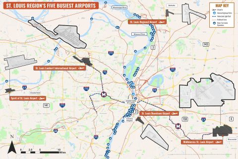 Map of the St. Louis region overlaid with airports, Marine Highway ports, River Terminals, Railroad Lines, and MetroLink light rail.