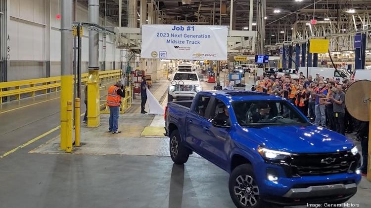 Photo of new pickup truck inside a General Motors plant in Wentzville, Missouri.