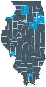 Illinois statewide mega site plans. 1) Marquis Industrial Park • Hennepin 2) Dual Rail Mega Site • Rochelle 3) Global Trade Park South • Rockford 4) Mid-America International Gateway Business Park • Jerseyville 5) Business Park • Manteno 6) I-88 Site • East Moline 7) Franks Industrial Park • Marion 8) Megasite 55 • Dwight 9) NRG/Old Collins • Morris 10) Inland Rail Park • Coal City 11) CSX Rail Line • Crete