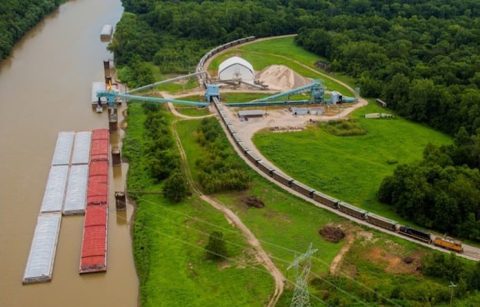 barge on the Kaskaskia River at a port in New Athens, Illinois