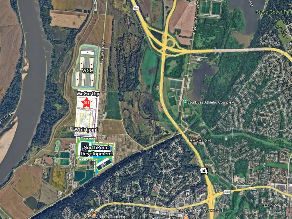 Aerial photo view of 845 river valley dr site with building location shapes added
