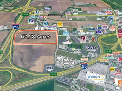 Eastport Plaza land site location highlighted on aerial map