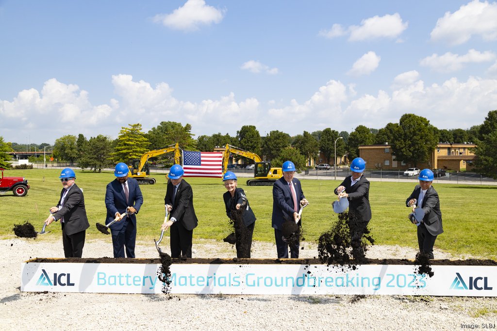 Dignitaries break ground during a ceremonial event for ICL's new $400 million battery plant in St. Louis.
