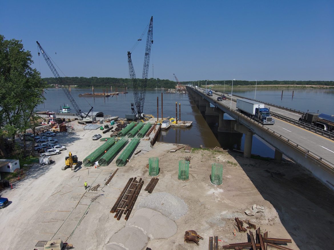 Photo of construction at the Chain of Rocks Bridge crossing the Mississippi River