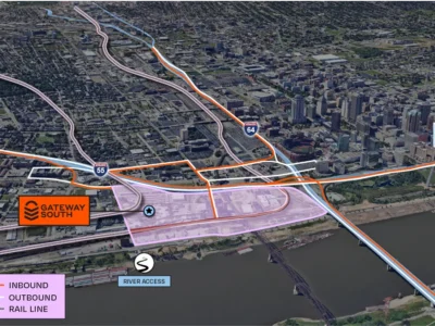 Gateway South Industrial Redevelopment site highlighted on aerial view of St. Louis downtown