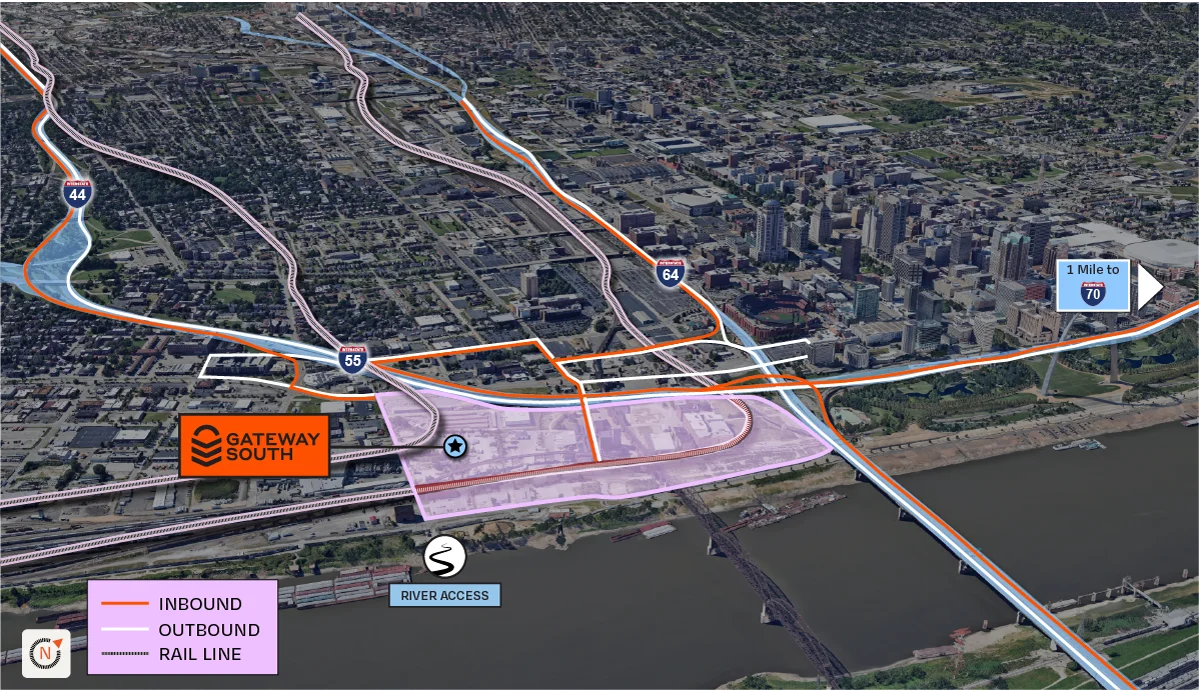 Gateway South Industrial Redevelopment site highlighted on aerial view of St. Louis downtown