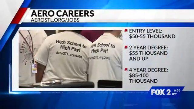 still frame of Fox2 news segment, with on on-screen headline that says "Aero Careers"